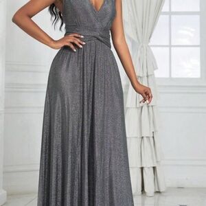 Destination 365,Gray Fit and Flare Sleeveless Maxi Dress V-neck